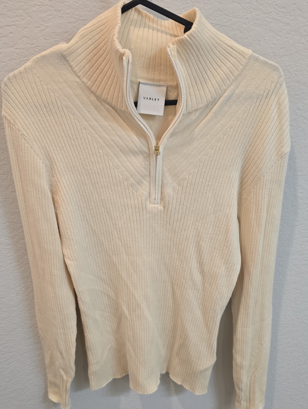 Varley Cream Ribbed Half-Zip Turtleneck Sweater